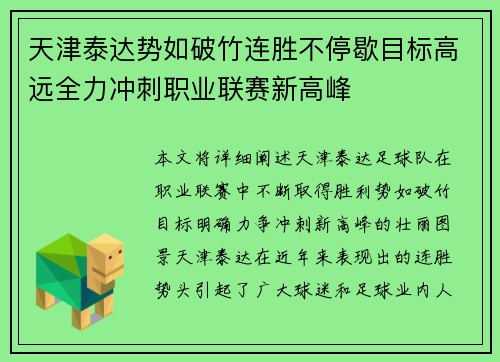 天津泰达势如破竹连胜不停歇目标高远全力冲刺职业联赛新高峰