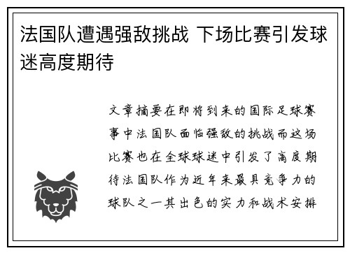 法国队遭遇强敌挑战 下场比赛引发球迷高度期待