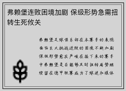 弗赖堡连败困境加剧 保级形势急需扭转生死攸关